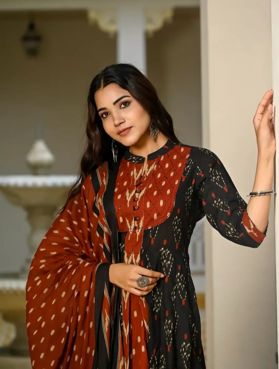 elegant black & rust ikat print anarkali suit set