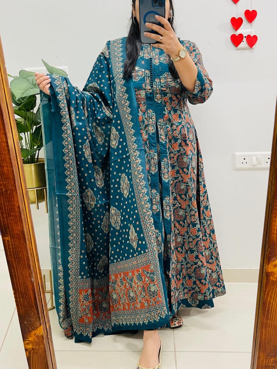 teal bloom printed front-open kurta set