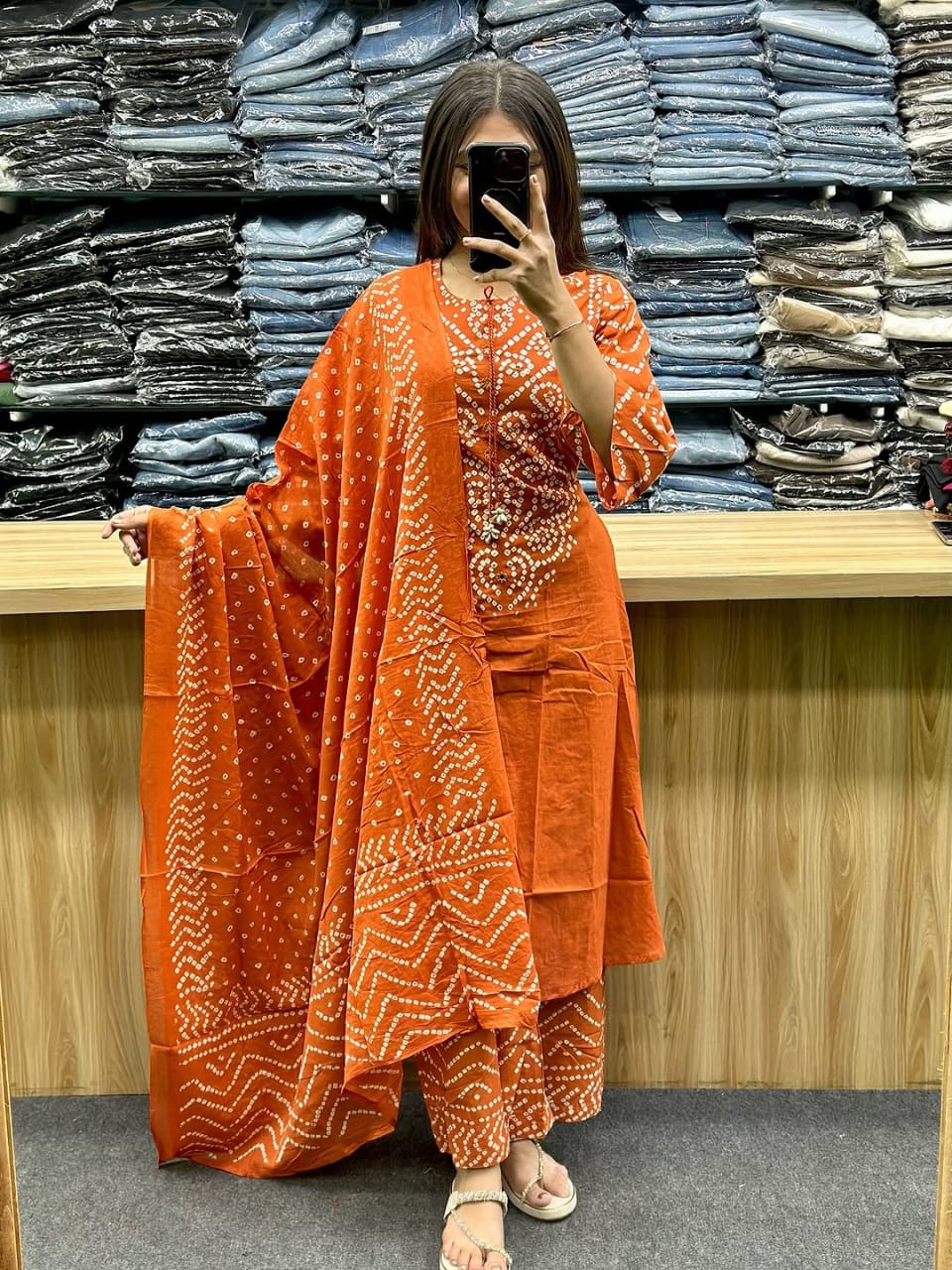 rust orange bandhani printed kurta set with dupatta
