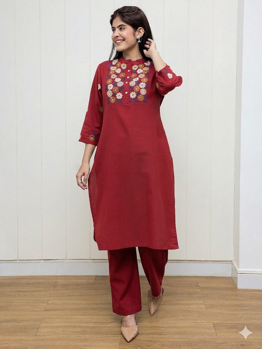 maroon floral embroidered kurta pant set