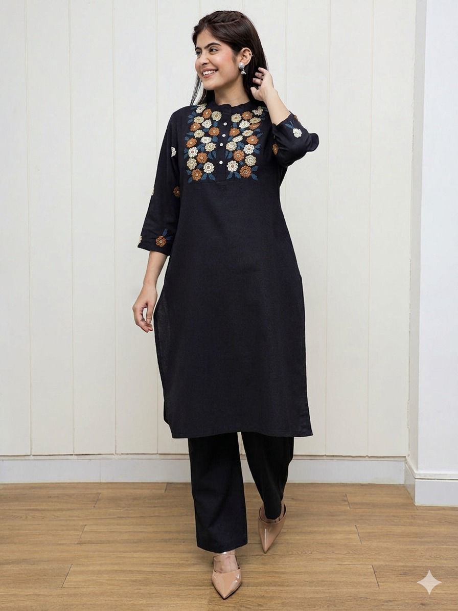 classic black floral embroidered kurta pant set