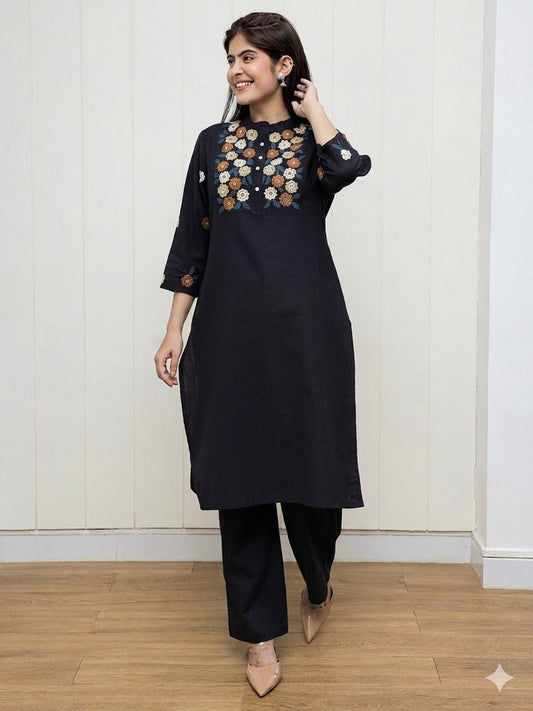 Classic Black Floral Embroidered Kurta Pant Set