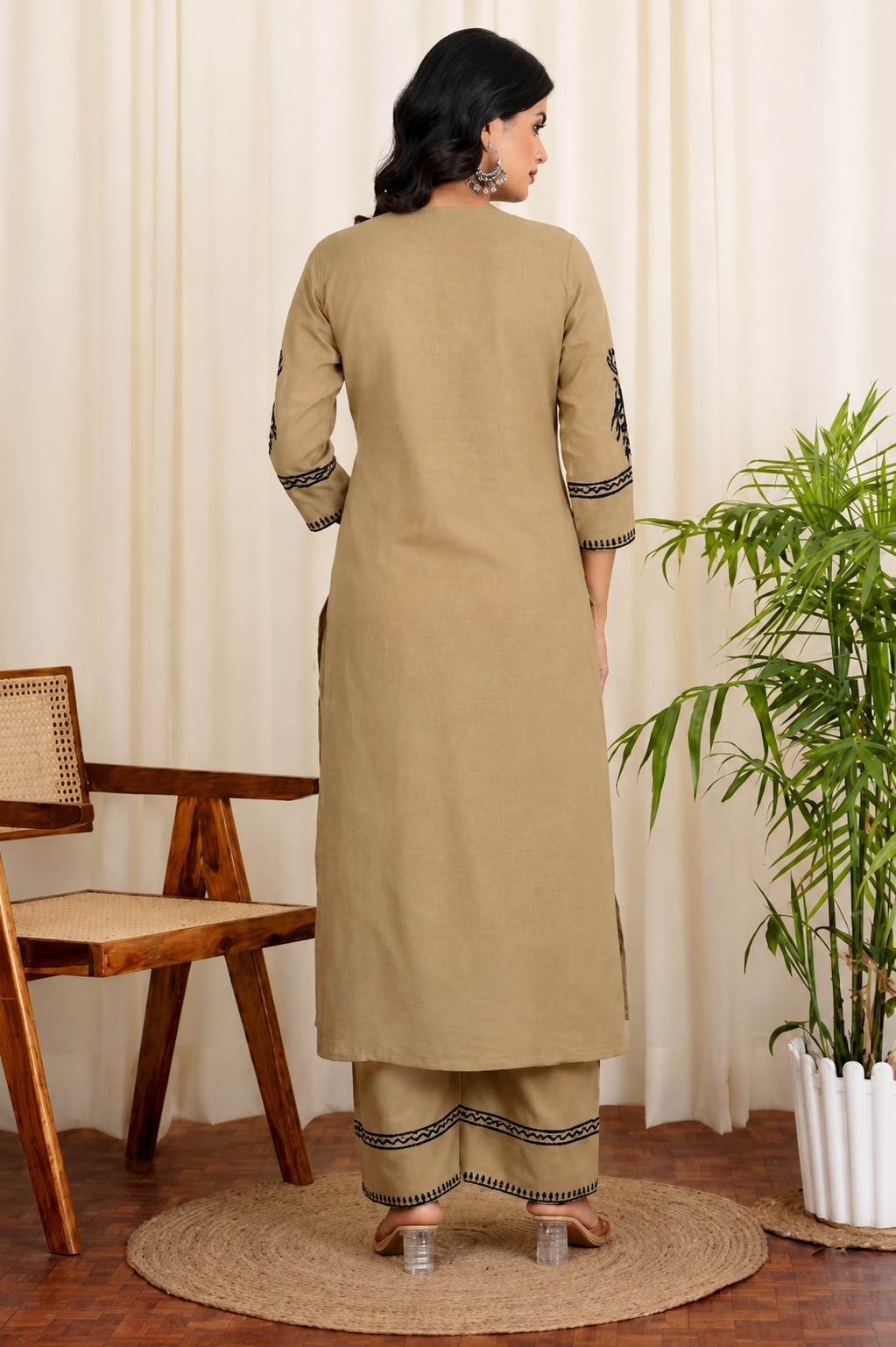 elegant beige embroidered kurta palazzo set