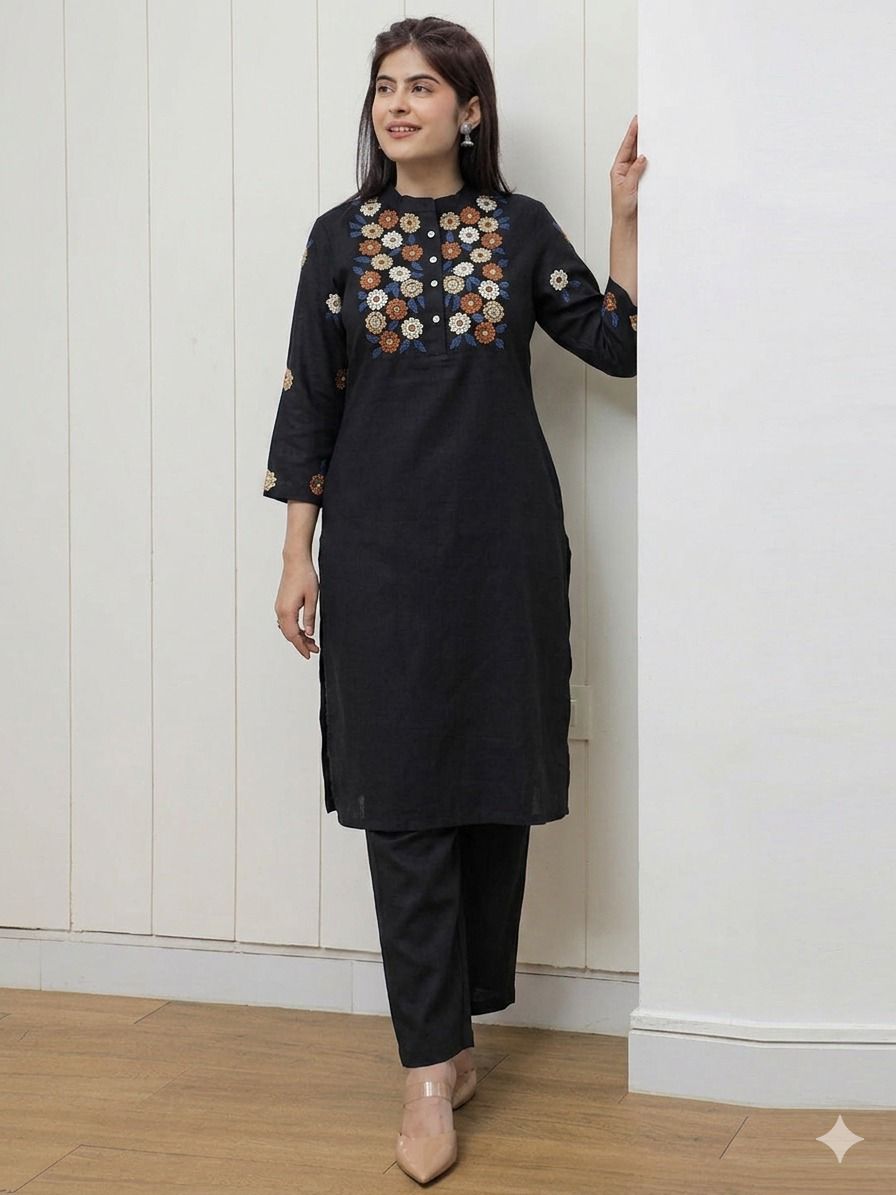 classic black floral embroidered kurta pant set