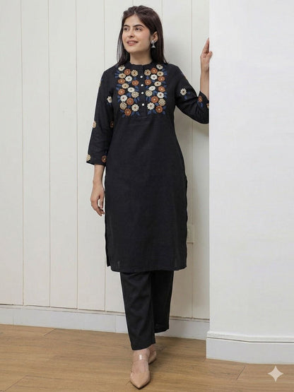 Classic Black Floral Embroidered Kurta Pant Set