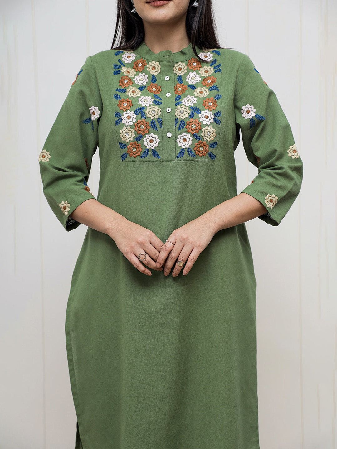 olive green floral embroidered kurta pant set