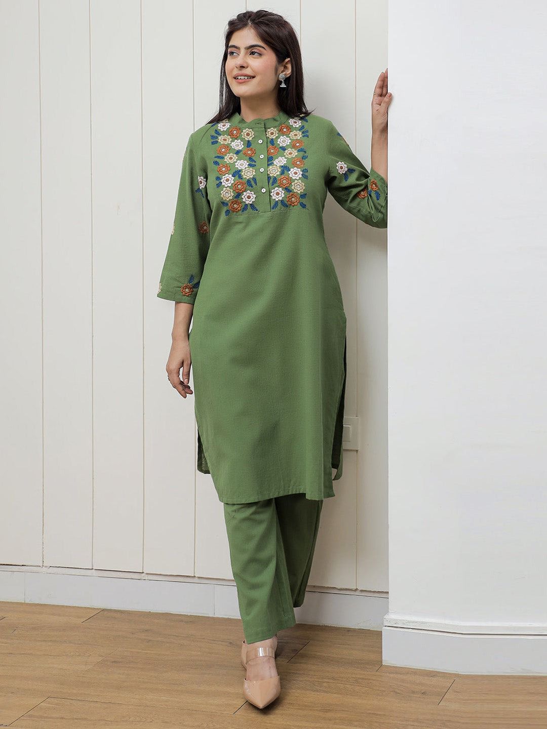 olive green floral embroidered kurta pant set