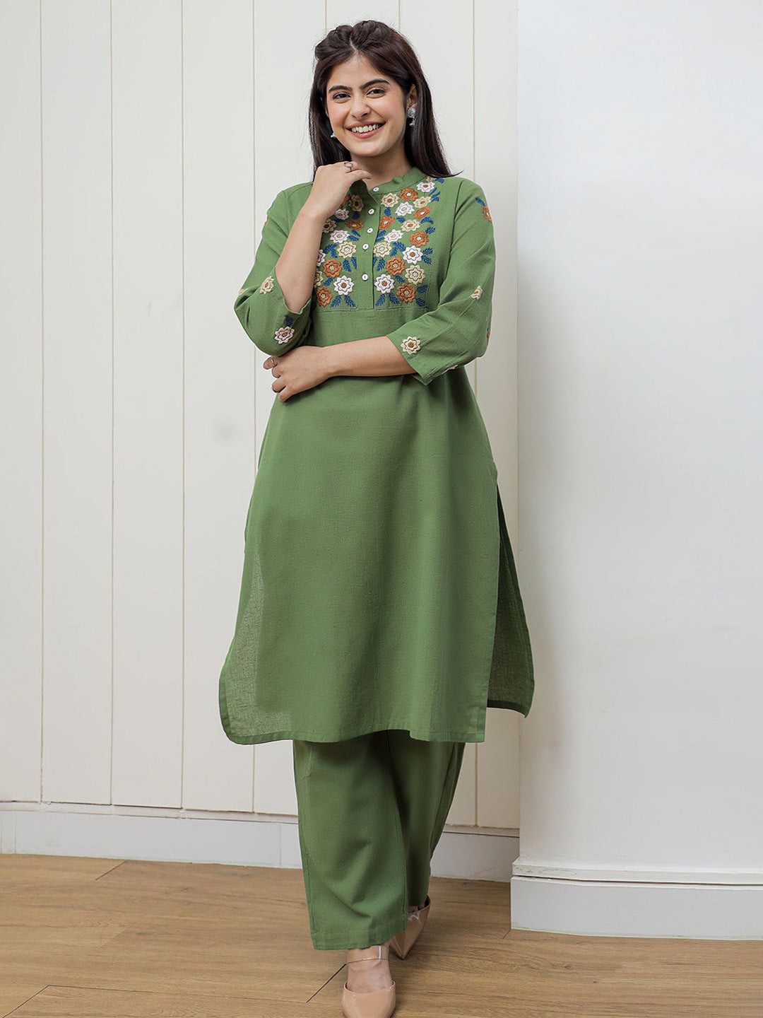 olive green floral embroidered kurta pant set