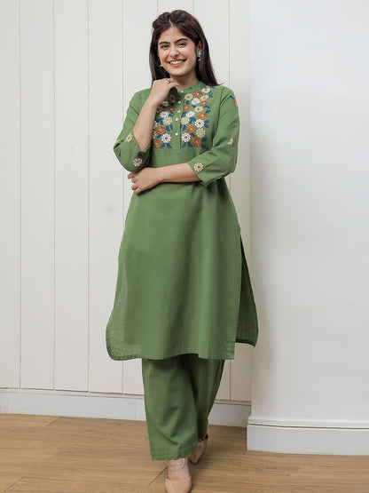 Olive Green Floral Embroidered Kurta Pant Set