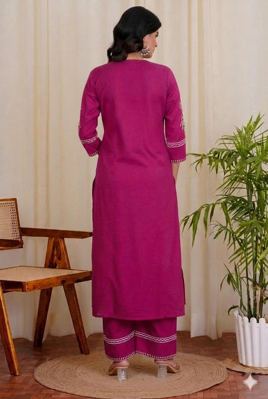 Fuchsia Pink Embroidered Kurta Palazzo Set