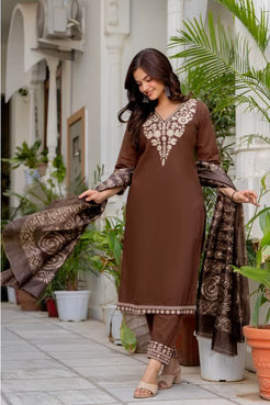 Classic Brown Kurta Set with Printed Dupatta