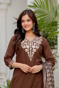 Classic Brown Kurta Set with Printed Dupatta