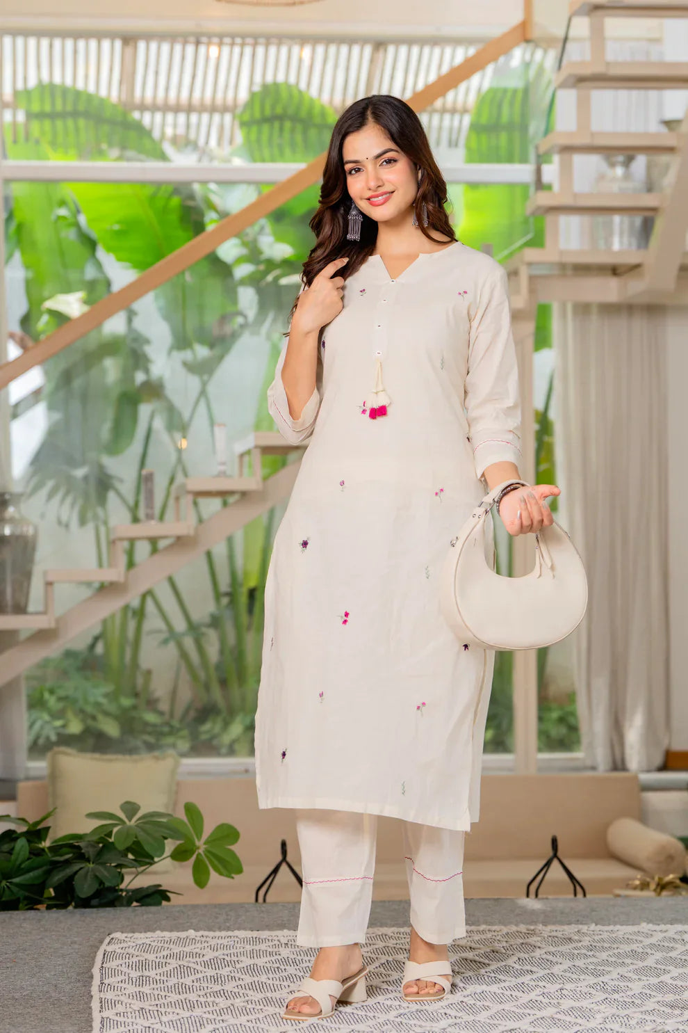 elegant white embroidered kurta pant set