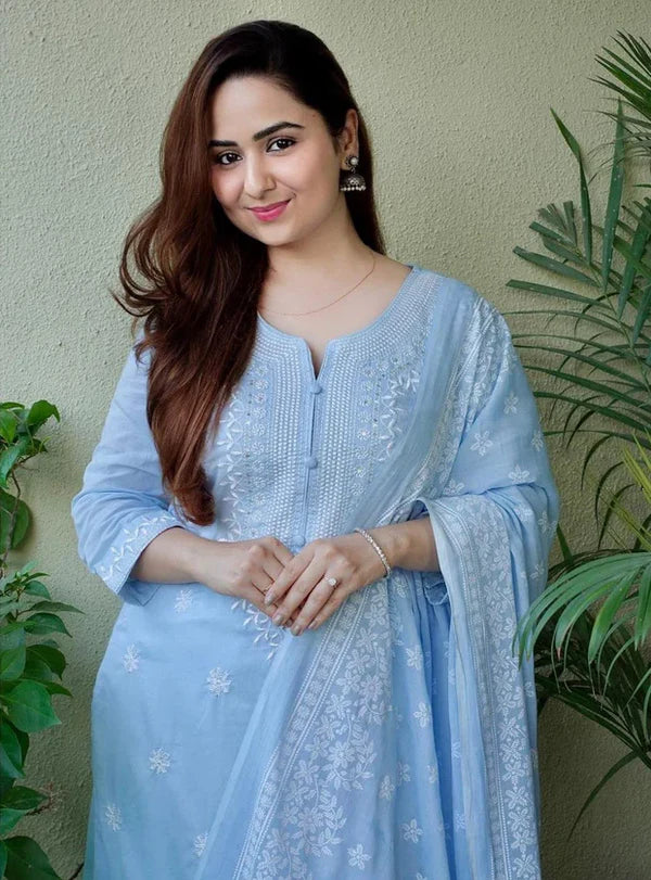 blue embroidered straight kurta set with pants & dupatta