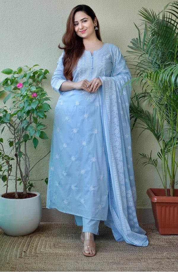 blue embroidered straight kurta set with pants & dupatta