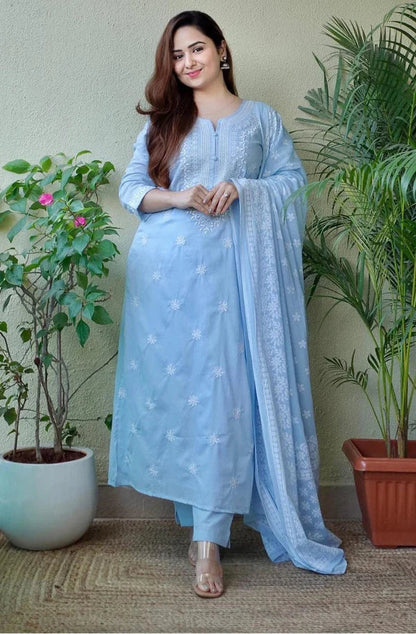 Blue Embroidered Straight Kurta Set with Pants & Dupatta