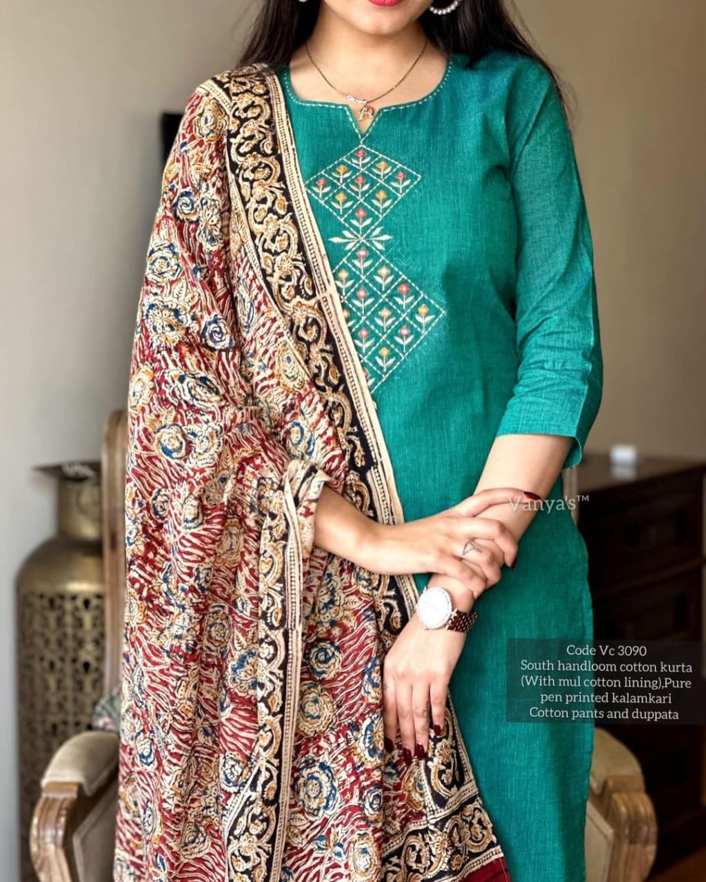 pure handloom south cotton hand printed chitrkari dupatta and pant