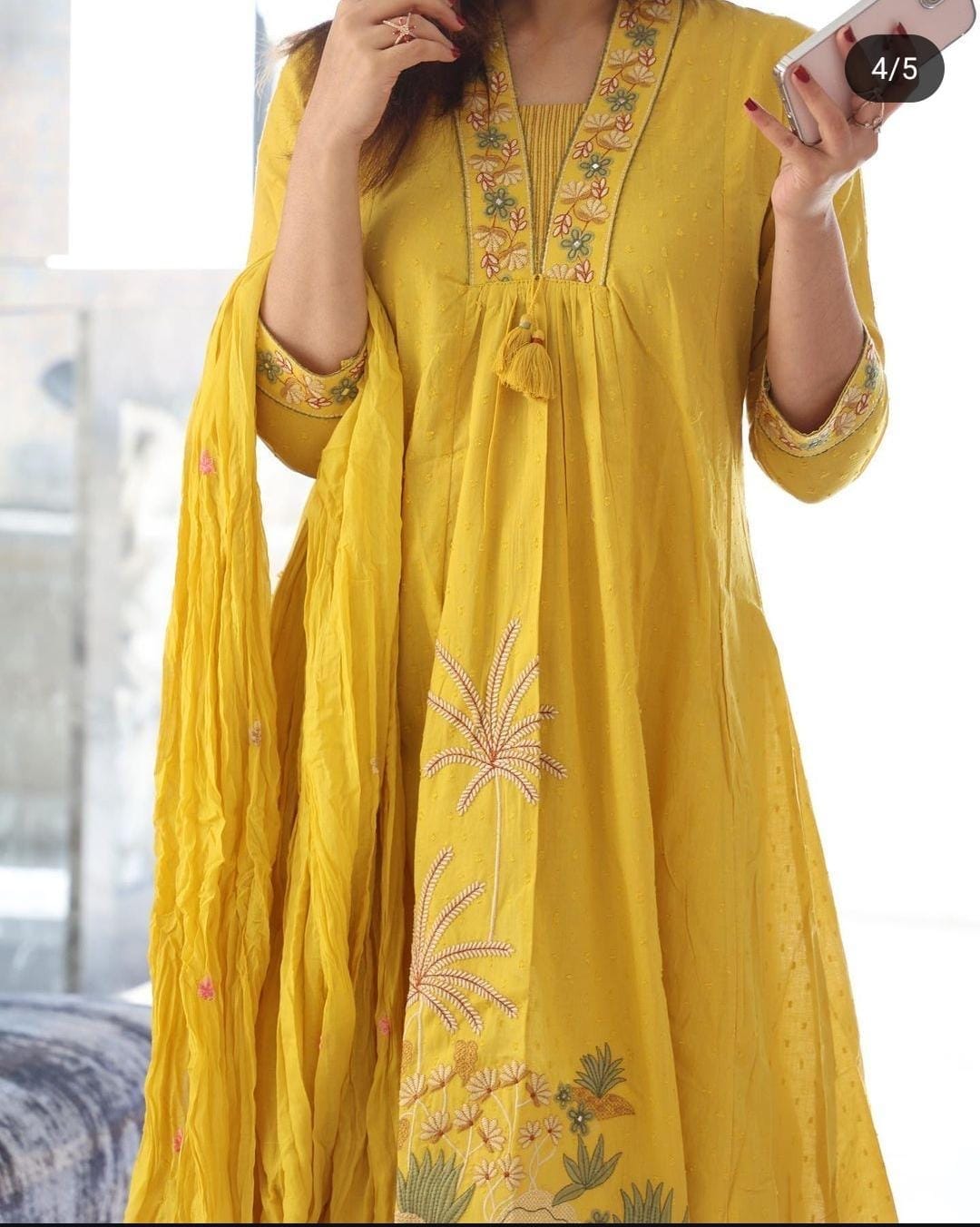 women yellow nri embroidery cotton kurta pant and dupatta set