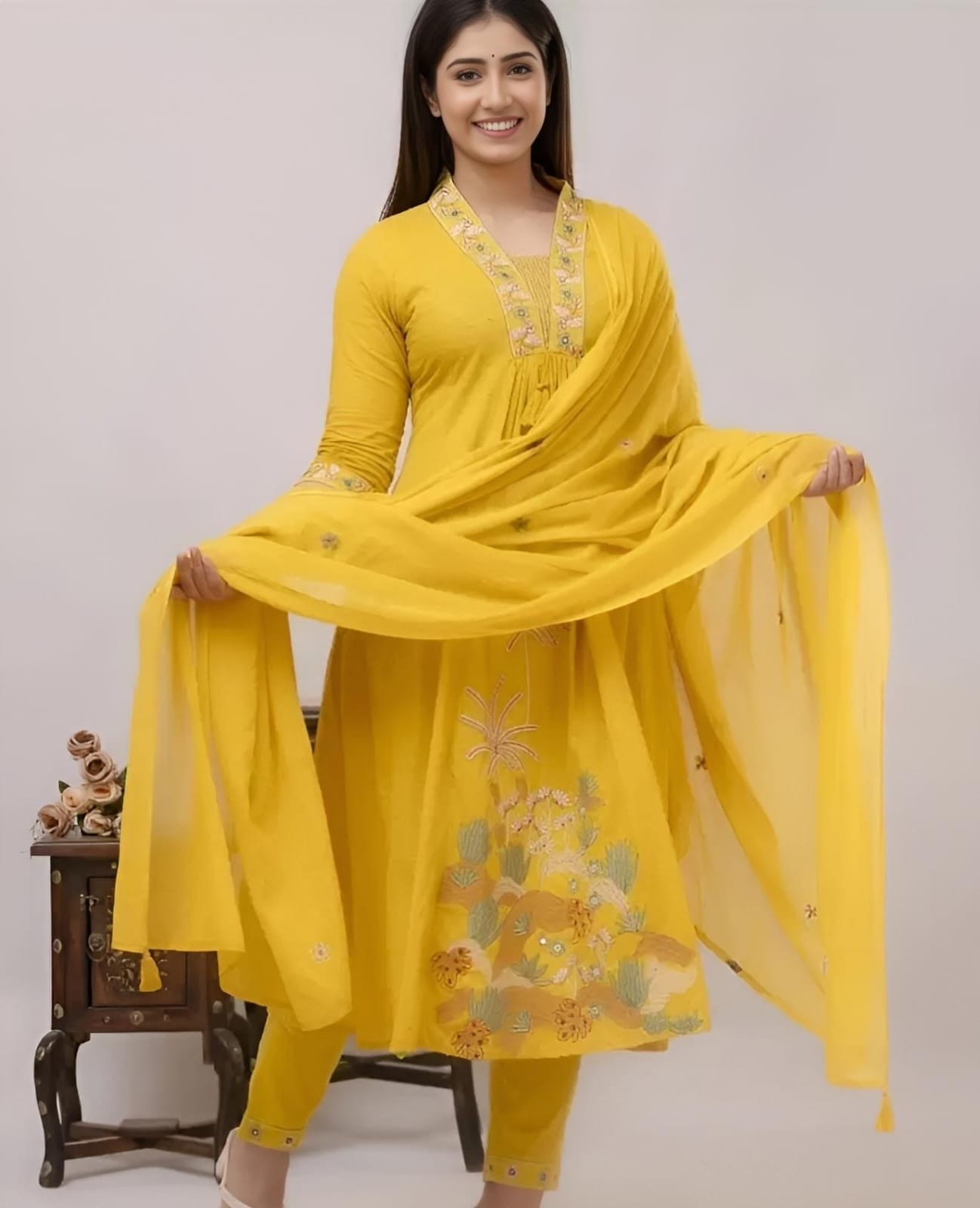 women yellow nri embroidery cotton kurta pant and dupatta set