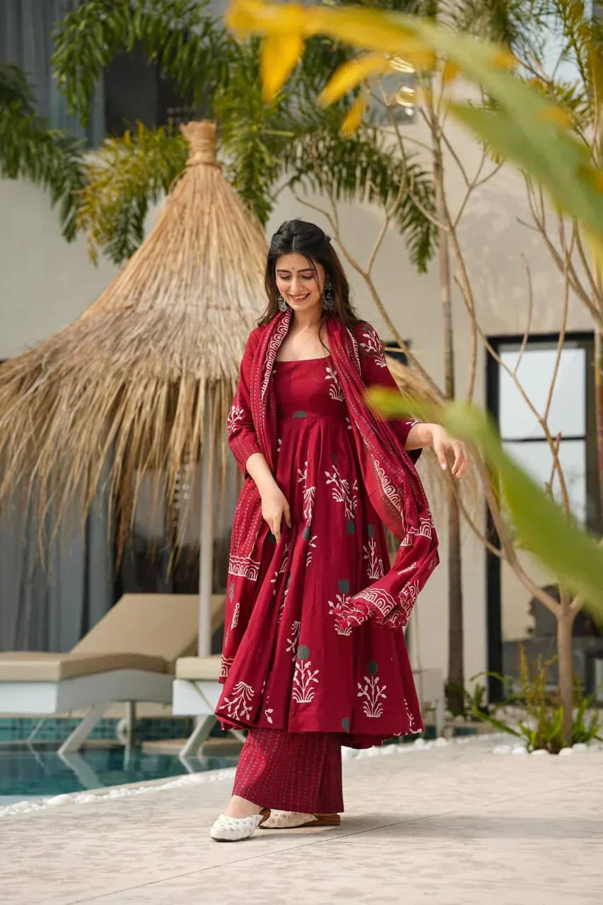 anarkali discharge print cotton kurta set