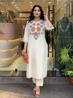 floral embroidered ivory kurta set