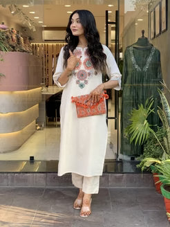 floral embroidered ivory kurta set