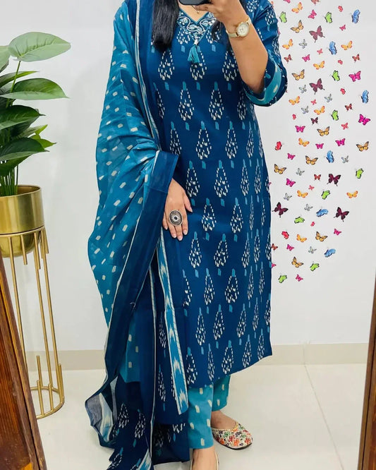 Libas Ikkat Print With Kurti Pant & Dupatta Set For Women( Blue )