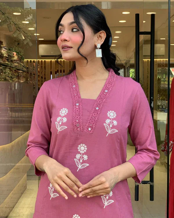 charming rose pink floral embroidered cotton suit set