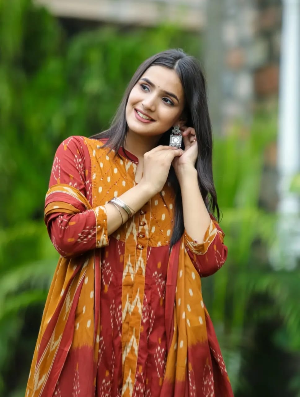 elegant maroon & rust ikat print anarkali suit set