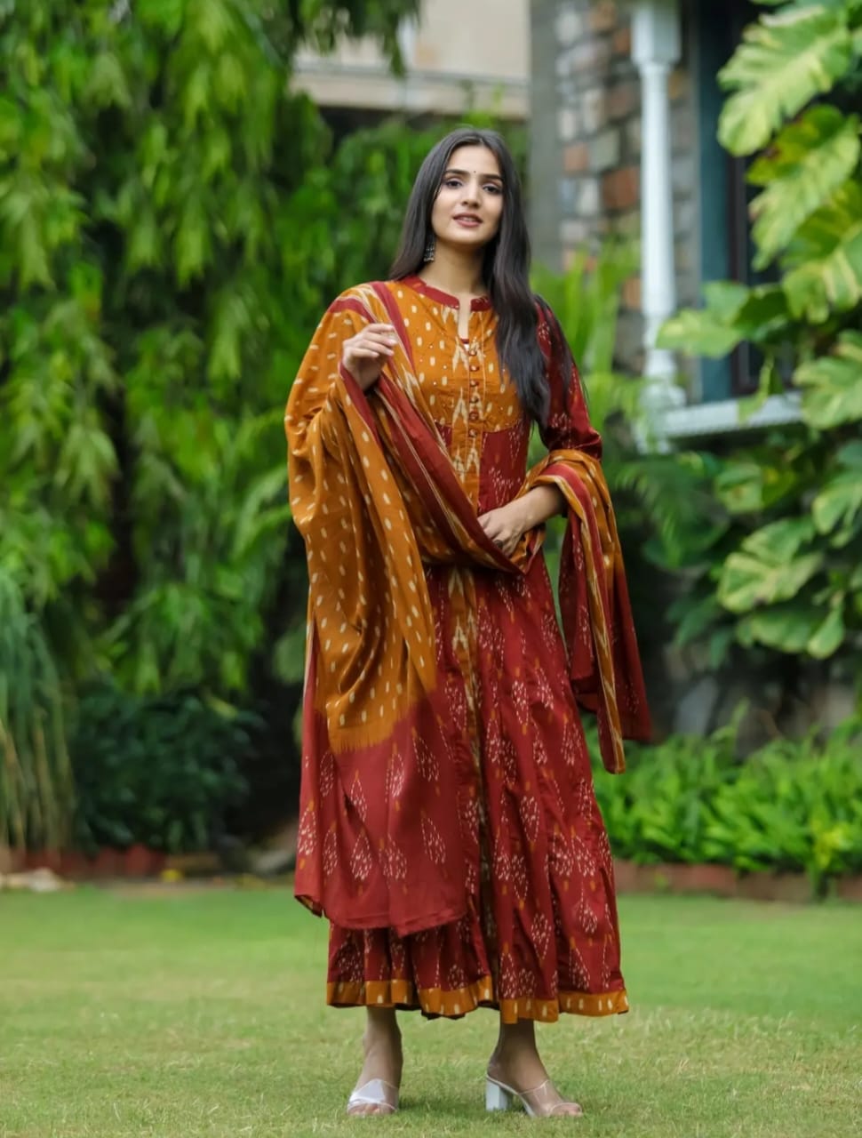 elegant maroon & rust ikat print anarkali suit set