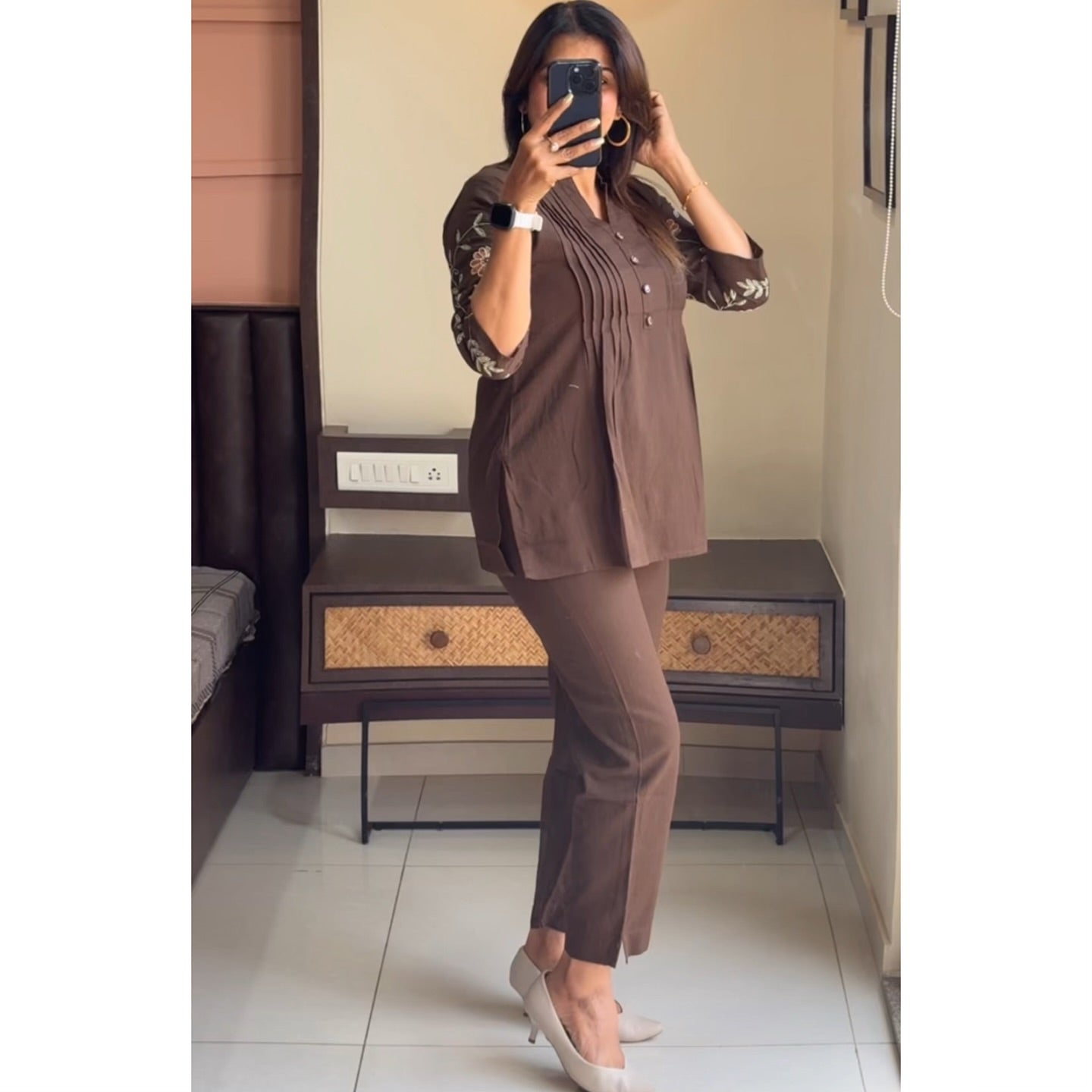 chic coffee brown embroidered co-ord set