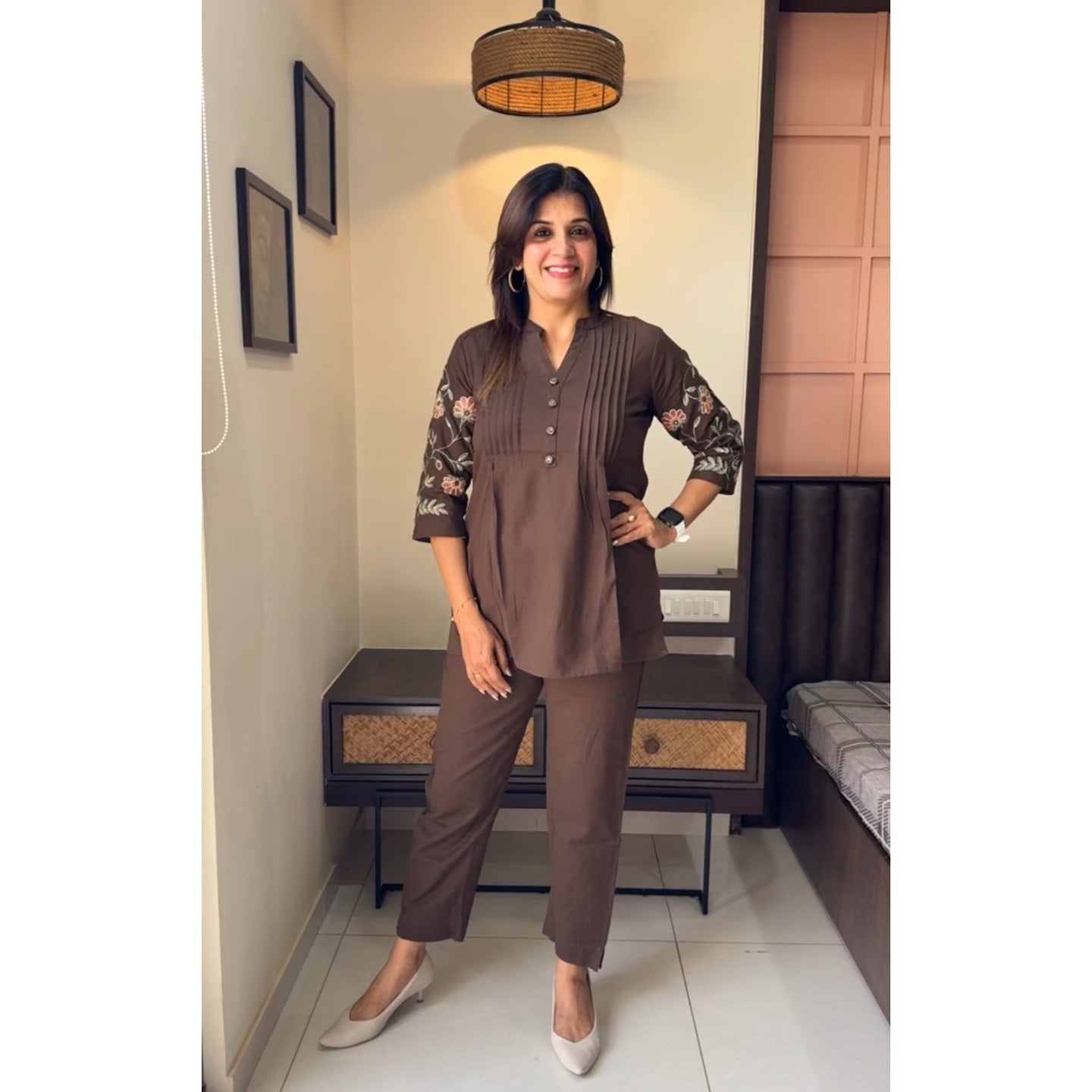 chic coffee brown embroidered co-ord set