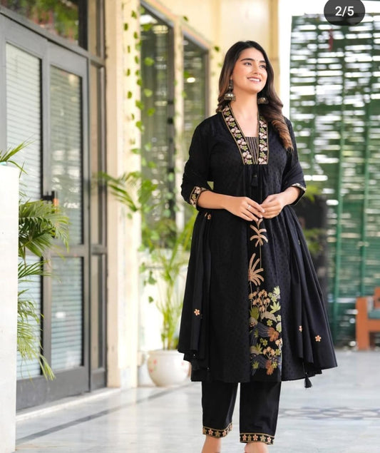 Women Black Nri Embroidery Cotton Kurta Pant And Dupatta Set