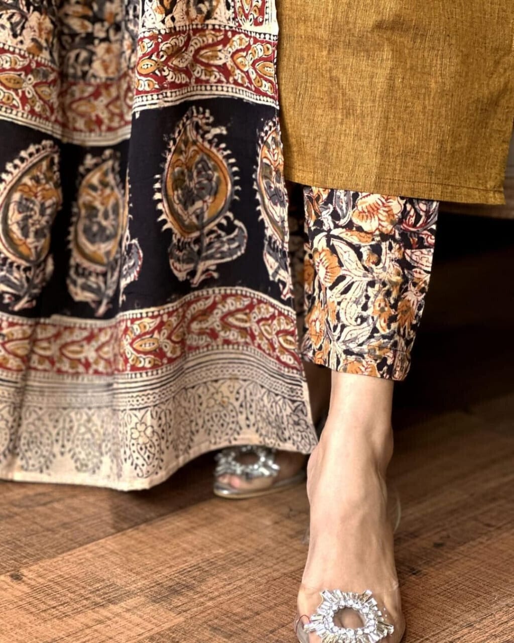 mustard brown embroidered kurta set with floral dupatta