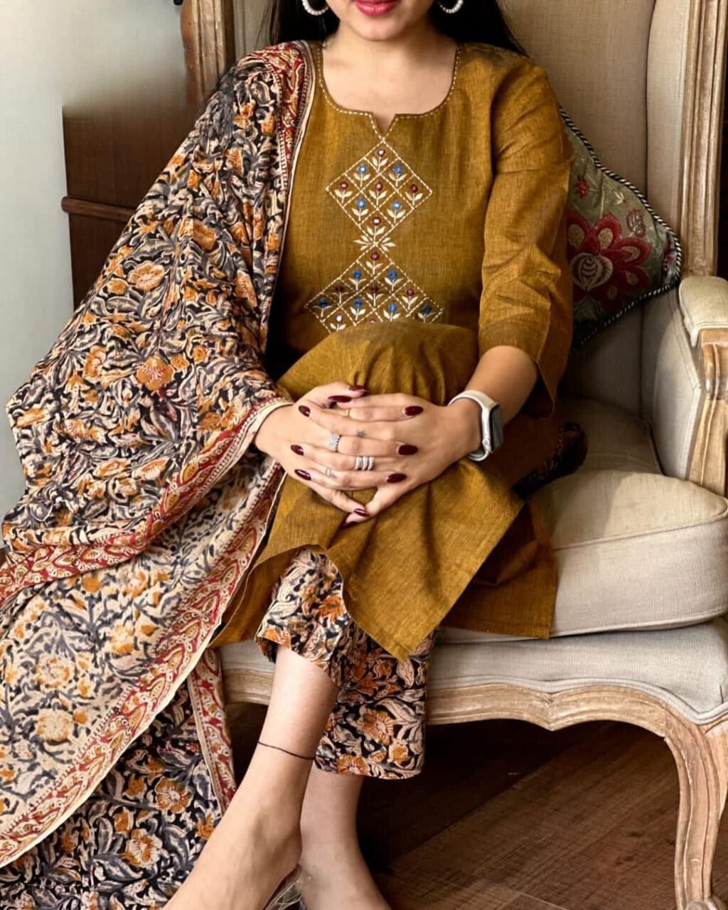 mustard brown embroidered kurta set with floral dupatta
