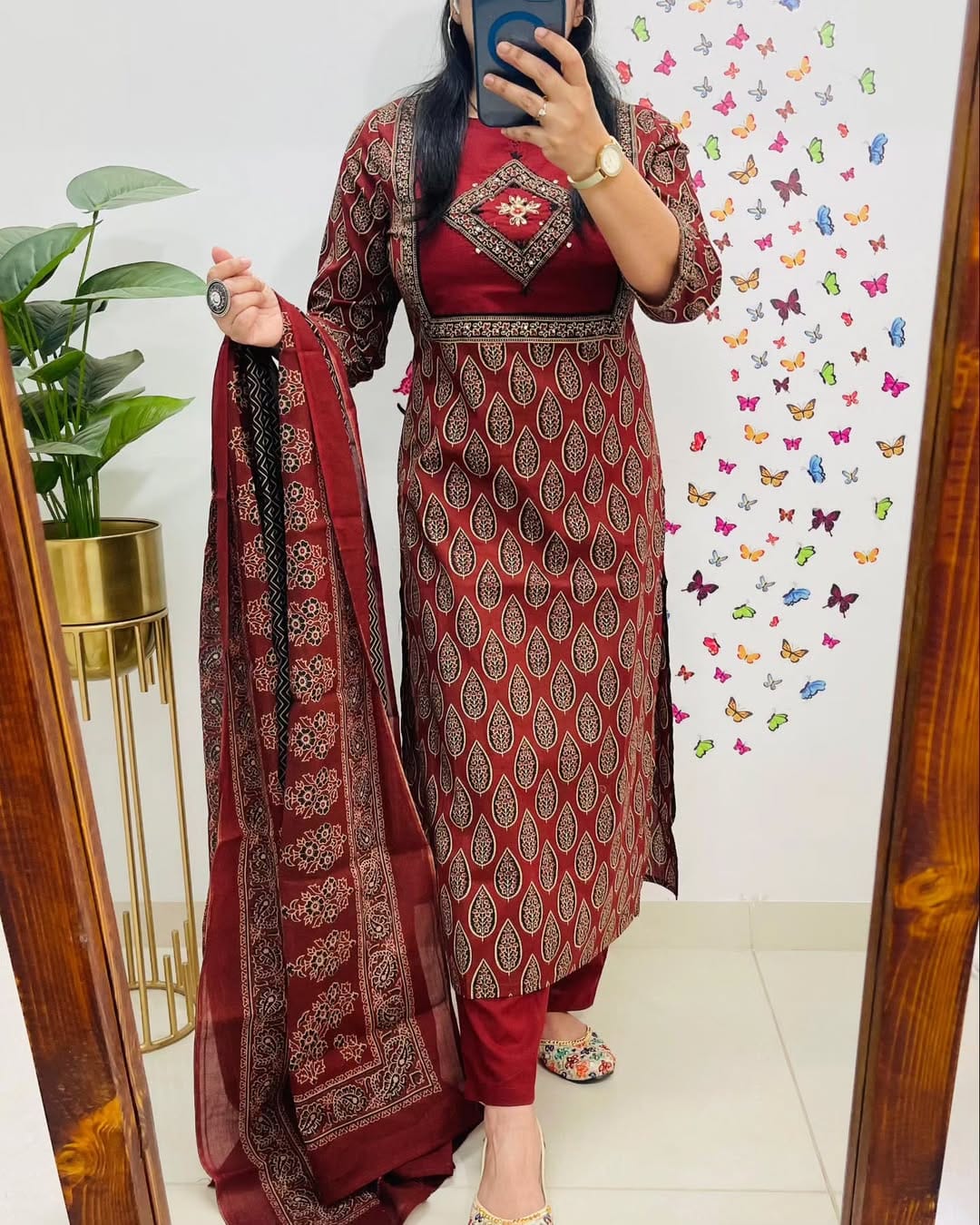 elegant maroon block print cotton suit set