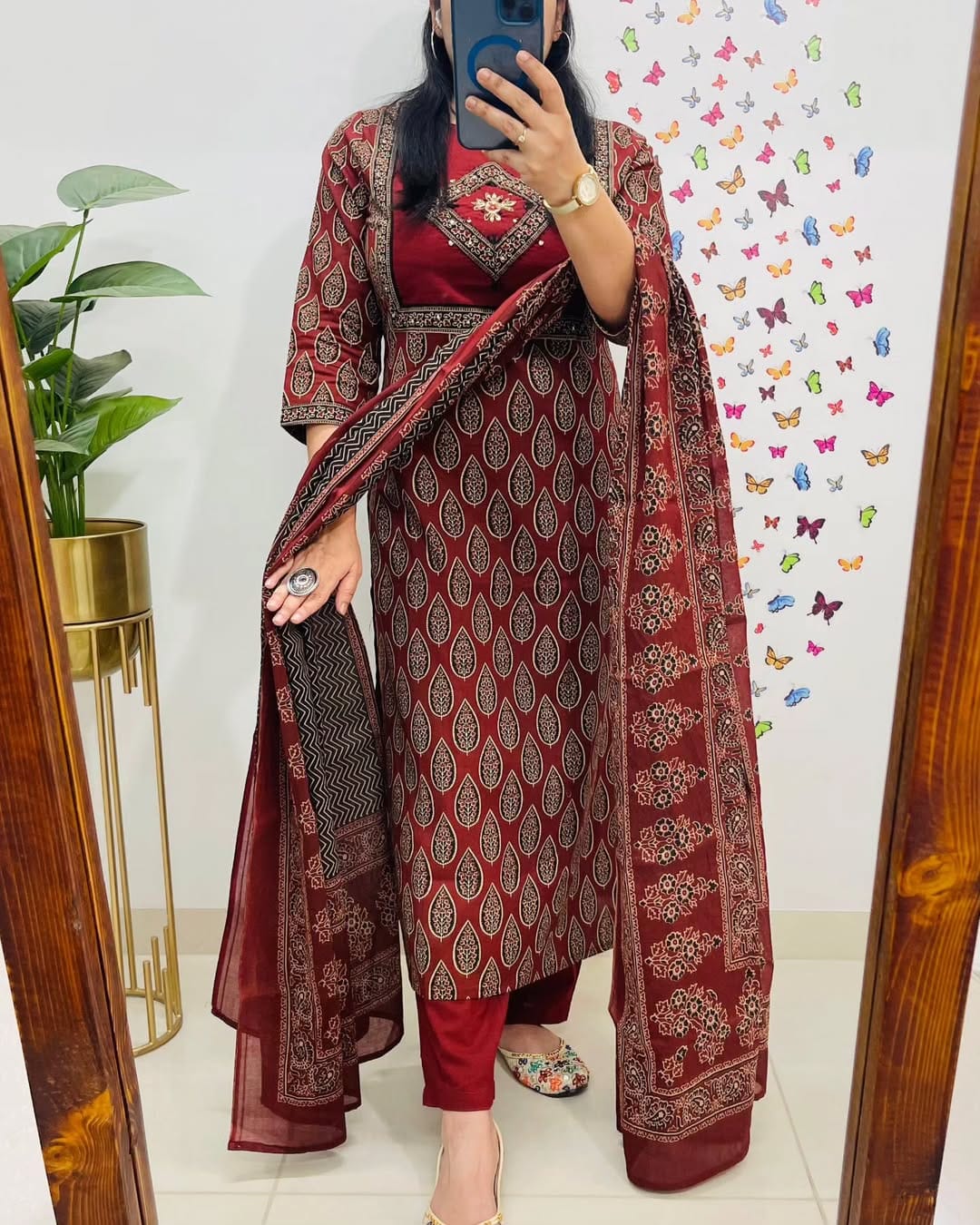 elegant maroon block print cotton suit set