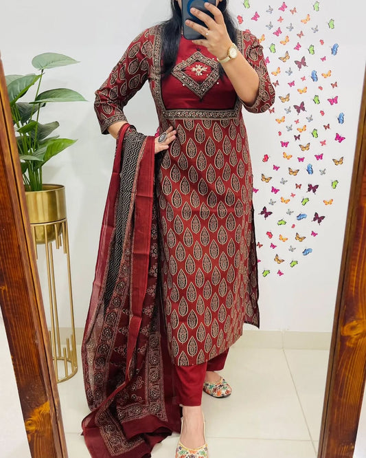 Elegant Maroon Block Print Cotton Suit Set