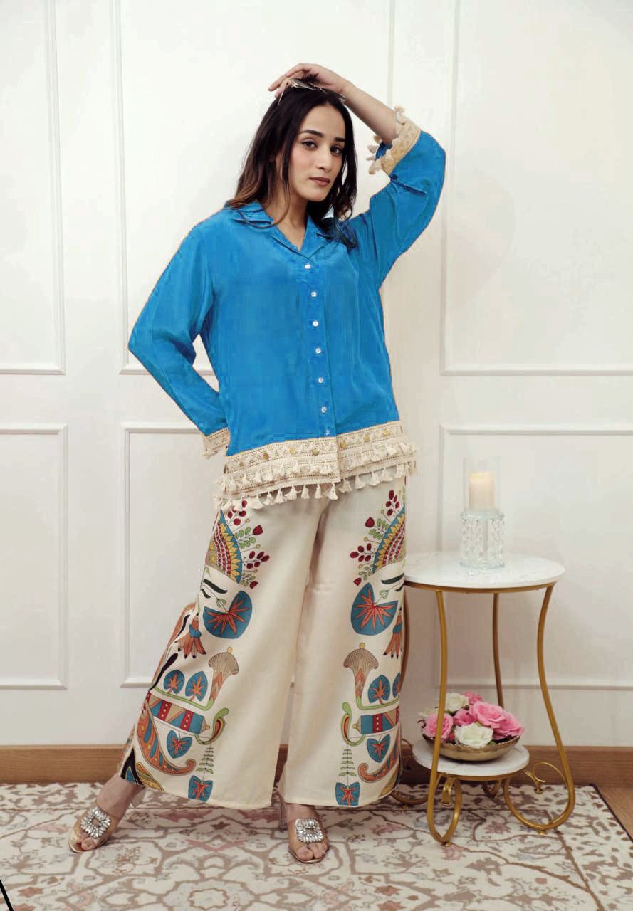 sapphire blue shirt and artistic print palazzo set