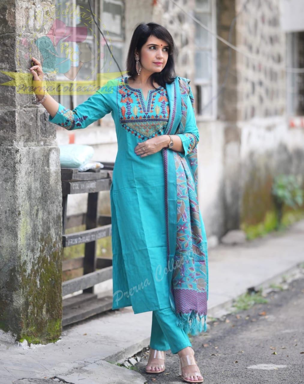 elegant teal blue cotton kurta set with embroidered neckline and printed dupatta