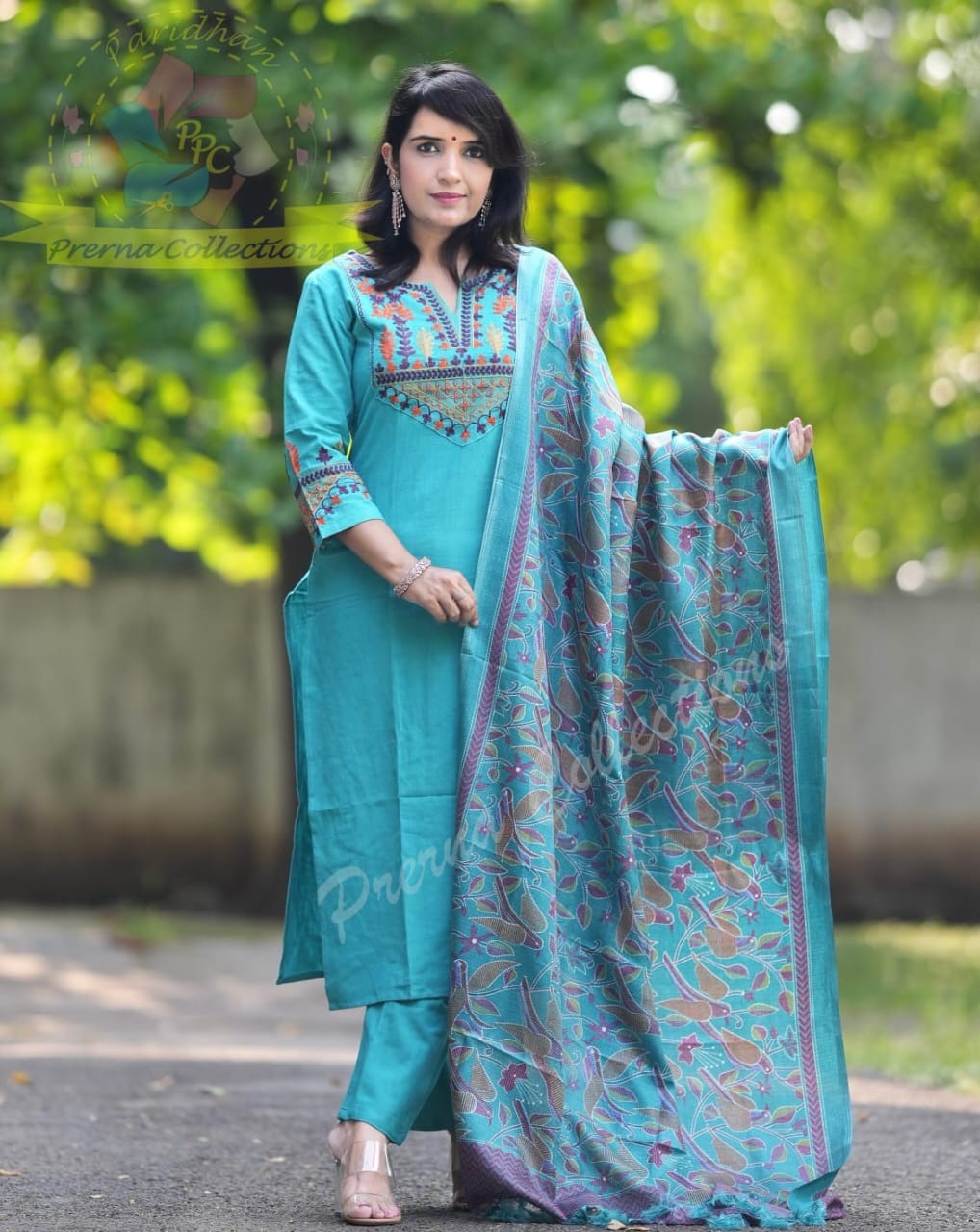 elegant teal blue cotton kurta set with embroidered neckline and printed dupatta