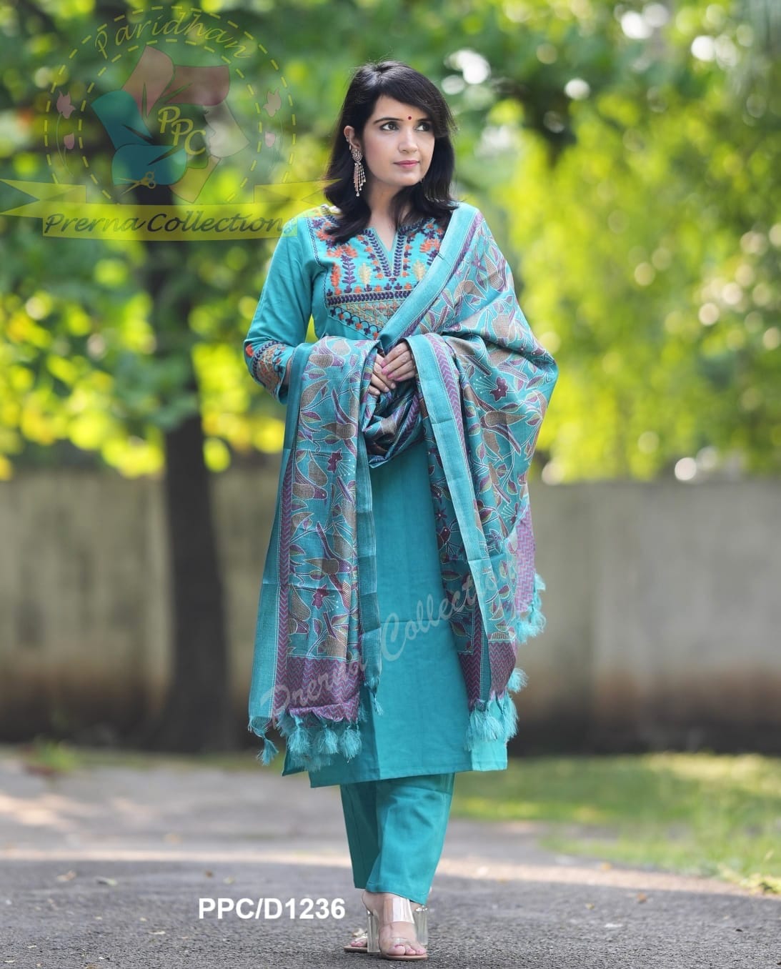 elegant teal blue cotton kurta set with embroidered neckline and printed dupatta