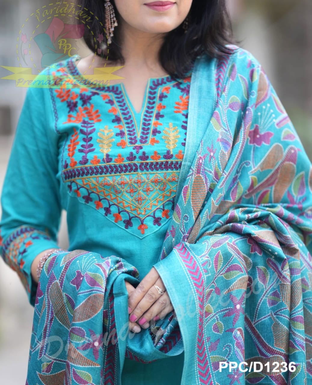 elegant teal blue cotton kurta set with embroidered neckline and printed dupatta