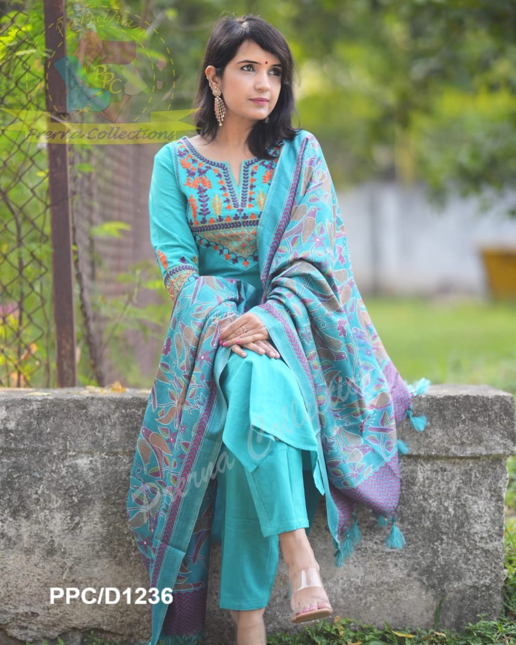 elegant teal blue cotton kurta set with embroidered neckline and printed dupatta