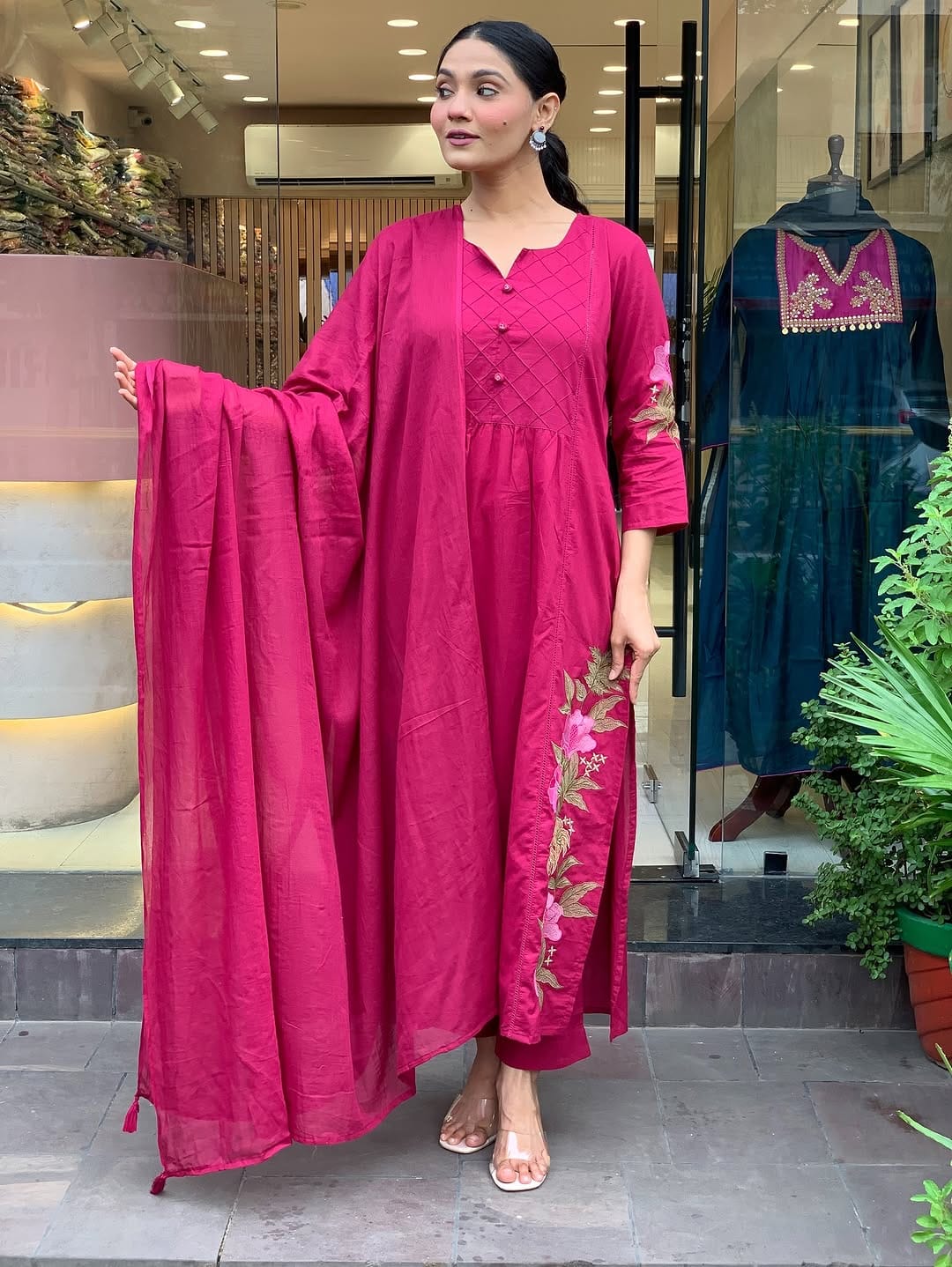 regal rani pink kurta set with floral embroidery