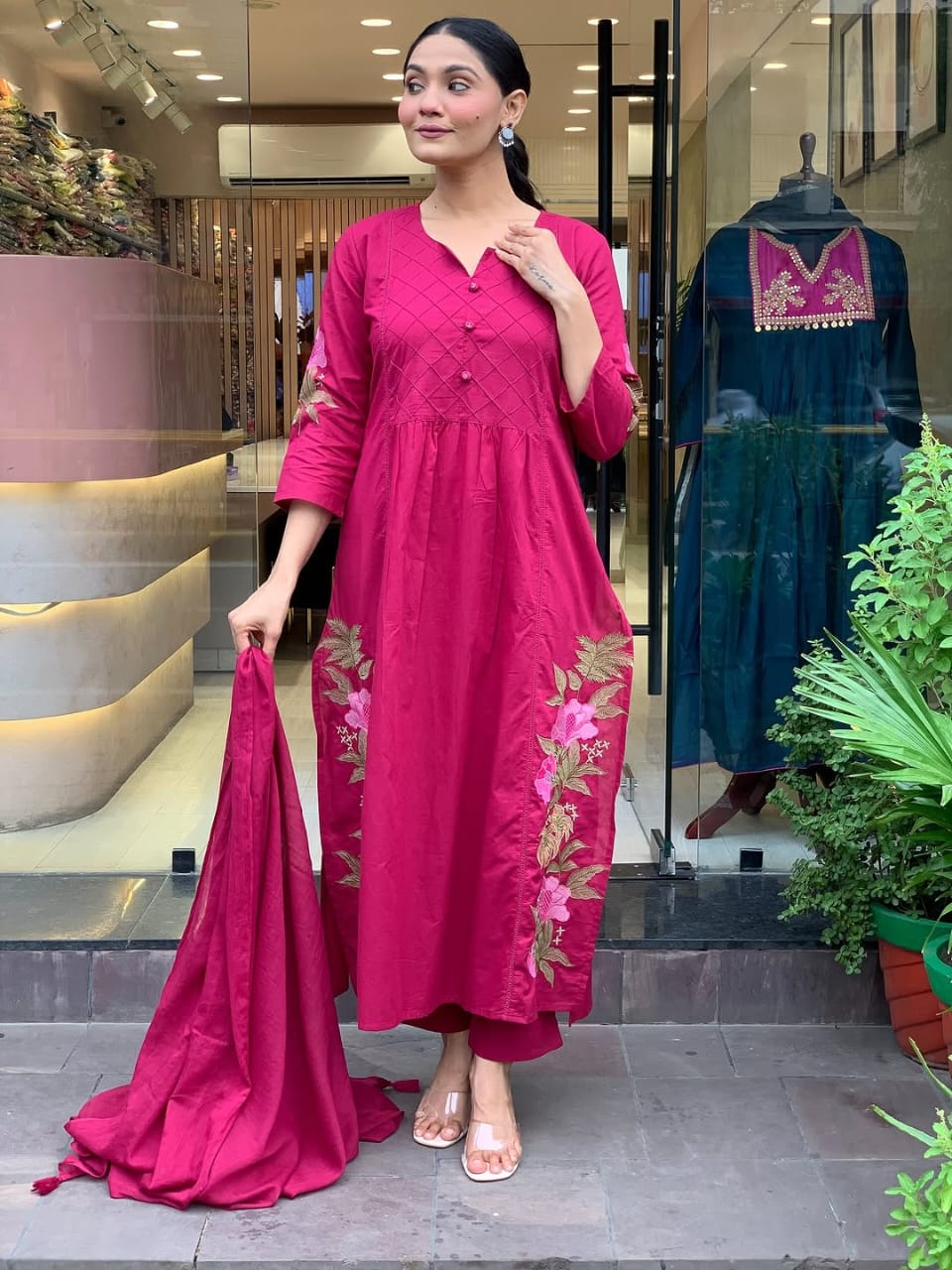 regal rani pink kurta set with floral embroidery
