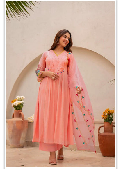 Pastel Peach Anarkali Suit with Embroidered Sleeves