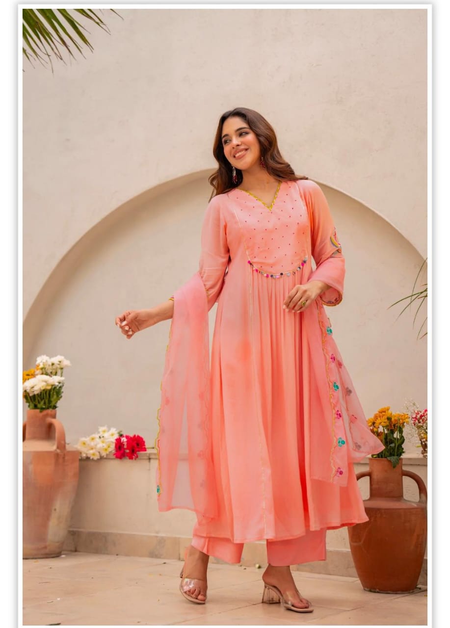 pastel peach anarkali suit with embroidered sleeves