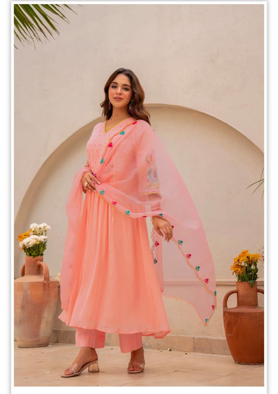 pastel peach anarkali suit with embroidered sleeves