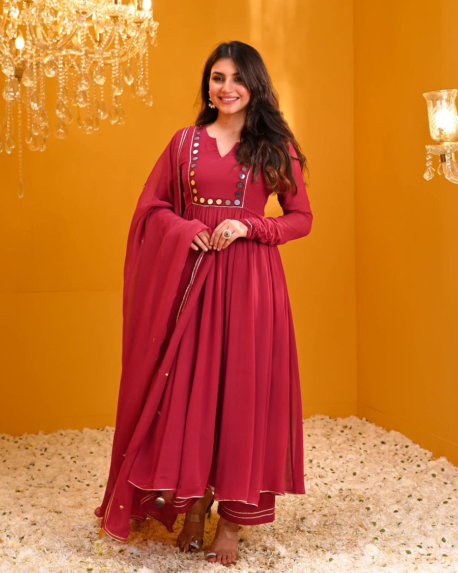 festive maroon mirror work anarkali suit set